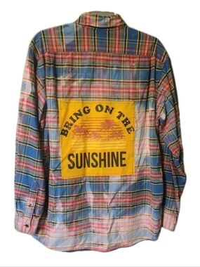 Upcycled And Bleached Men's Large Multicolor Plaid Button-Up Shirt Back Patch